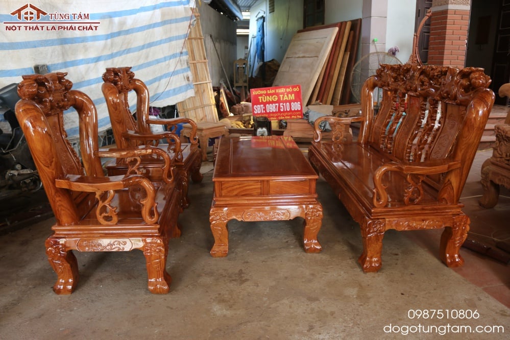 Bộ bàn ghế phòng khách gỗ gõ đỏ đào chim tay 12 6 món